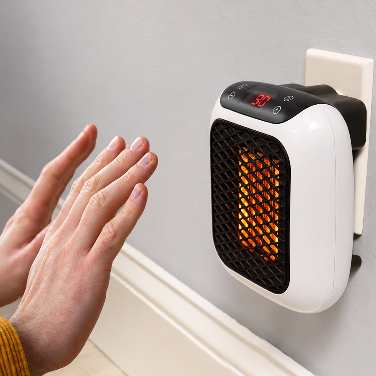 WellHeater plug-in ceramic heater warming a room from a wall outlet in seconds
